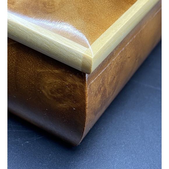 Burl Wood Laquered Trinket Box Floral Pink Yellow Flowers Velvet Hinged Lid - Picture 15 of 16